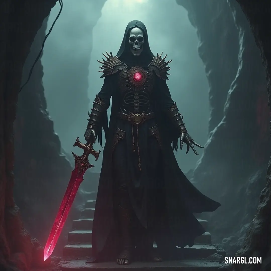 A skeletal mage stands in a shadowy cave, clutching a glowing red sword as ominous red light emanates from his eyes. A skeletal mage, draped in a flowing black robe, grips a glowing red sword, his eyes burning with an ominous red light. The dark cave around him echoes with ancient power as he stands on a stone stairway.