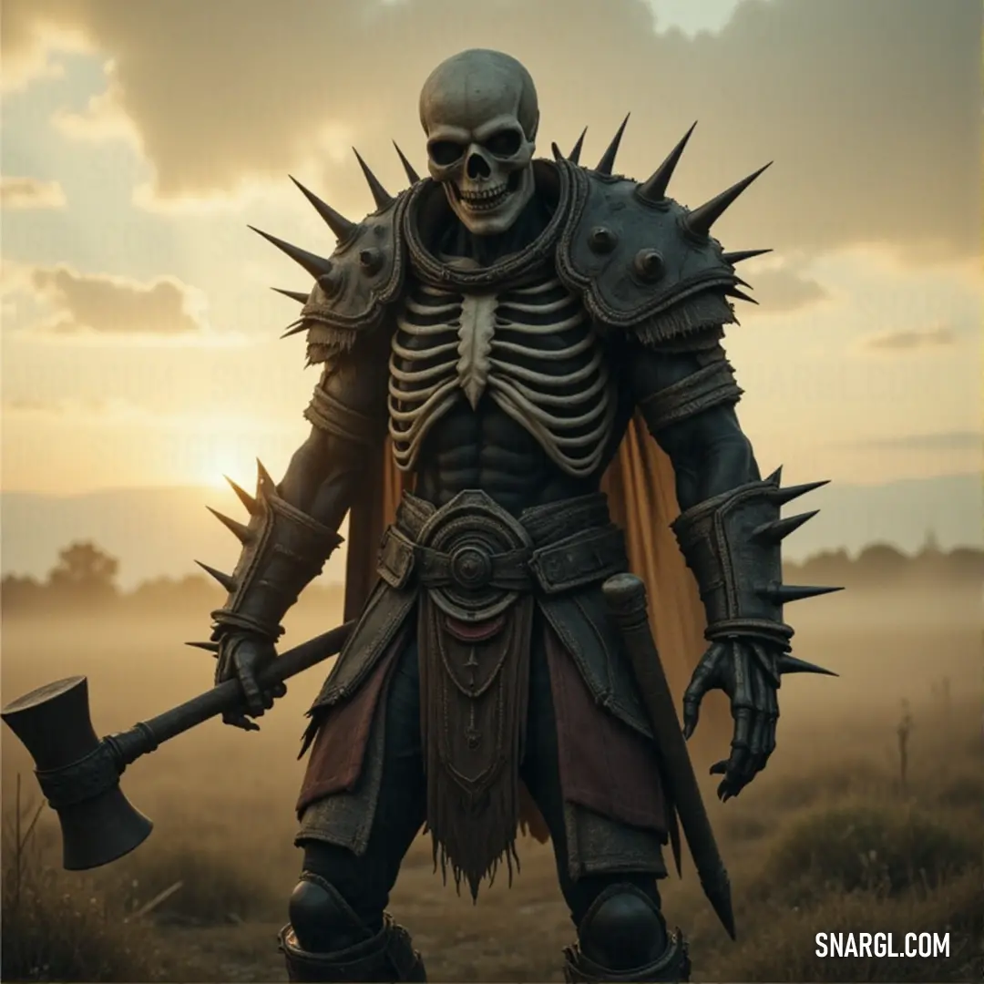 A Skeleton Beast with spiked horns holds an axe in a field, the dramatic sunset casting shadows across the land. A Skeleton Beast with large, spiked horns and a fierce skeletal head stands in a field, holding a massive axe. The vibrant sunset in the background casts long shadows, creating a dramatic and intimidating atmosphere.