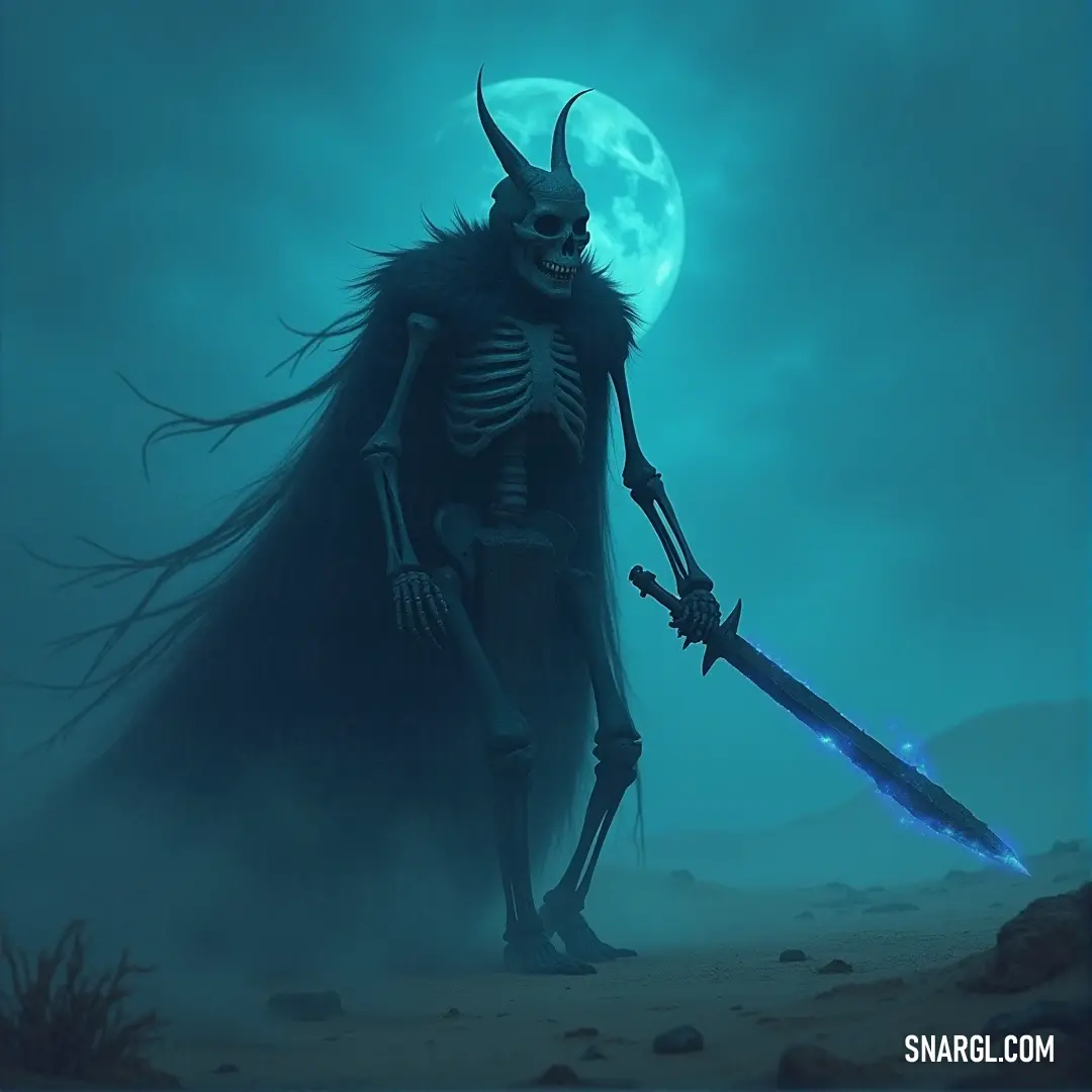 A Skeleton Beast with a sword stands in a desert at night, the full moon casting a ghostly glow over the scene. A Skeleton Beast with a sword stands alone in a vast desert at night, the full moon shining brightly behind it, illuminating the barren landscape and casting a ghostly light on its skeletal form.
