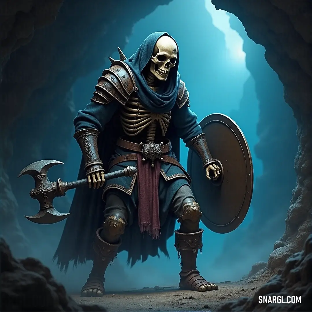 A formidable Skeleton Warrior in dark armor grips an axe and shield, standing under the glow of a mysterious blue light within a shadowy cave. A powerful Skeleton Warrior in black armor, holding a massive axe and shield, stands confidently in a cave, bathed in eerie blue light from above.