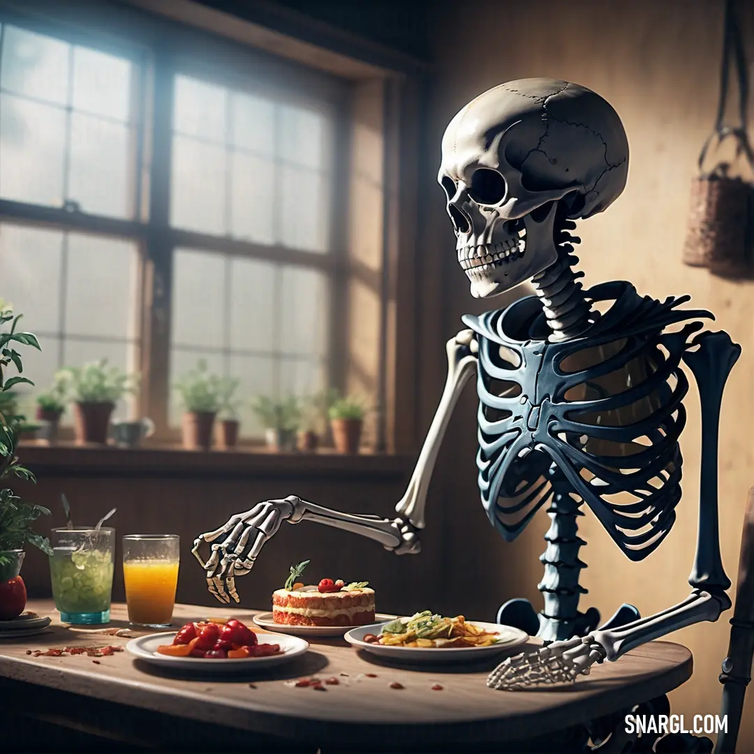 Skeleton at a table with food on it and a glass of orange juice in front of it