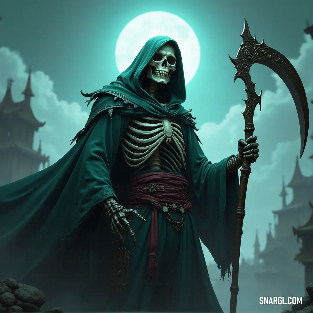 A skeleton robed in green holds a scythe and a skull, standing ominously before a full moon, the night sky thick with supernatural energy.