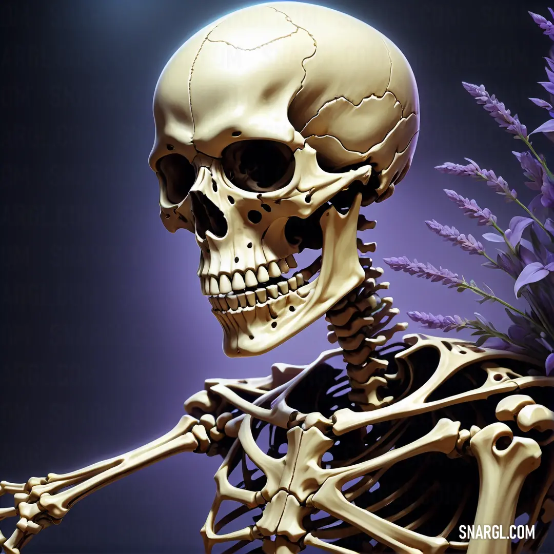 Skeleton holding a flower in its hand and a purple background