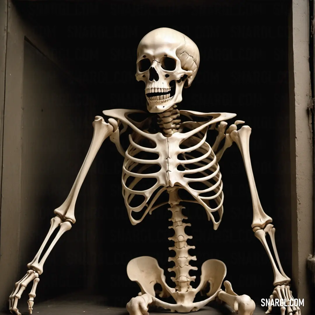 Skeleton in a doorway with its legs crossed and hands on the ground