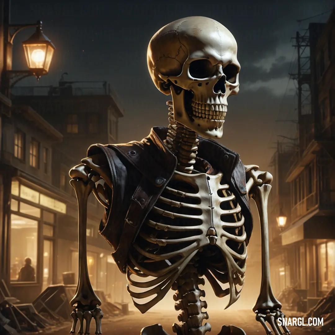Skeleton in a leather jacket holding a lit up candle in a city at night with a full moon in the background