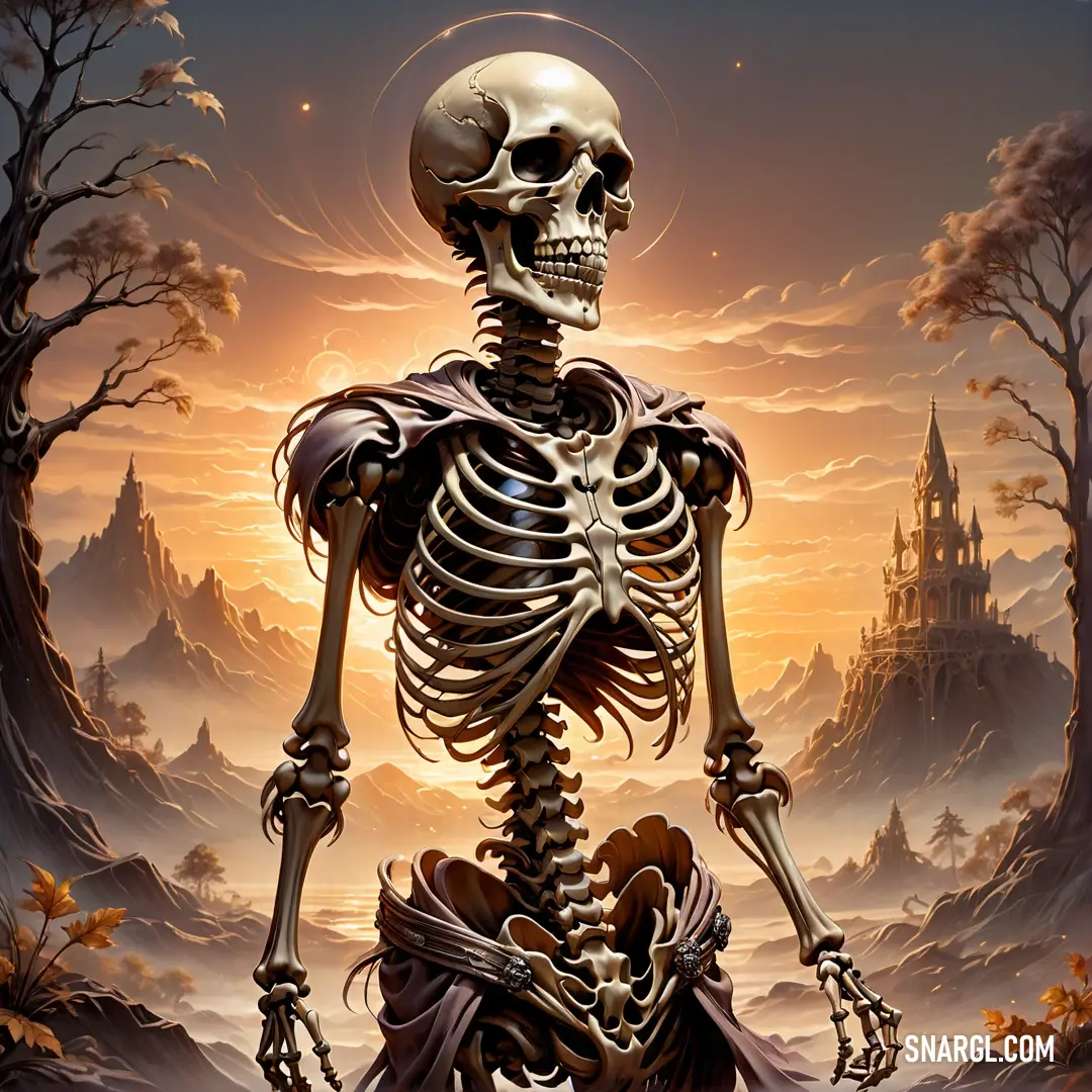 Skeleton in a surreal landscape with a castle in the background