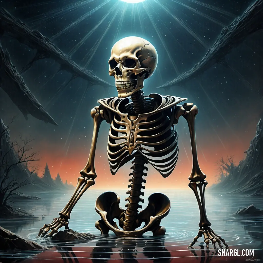 Skeleton in the water with a full moon in the background
