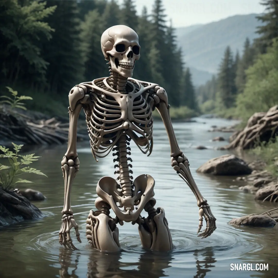 Skeleton in the water with a forest in the background is a river with a body of water and trees