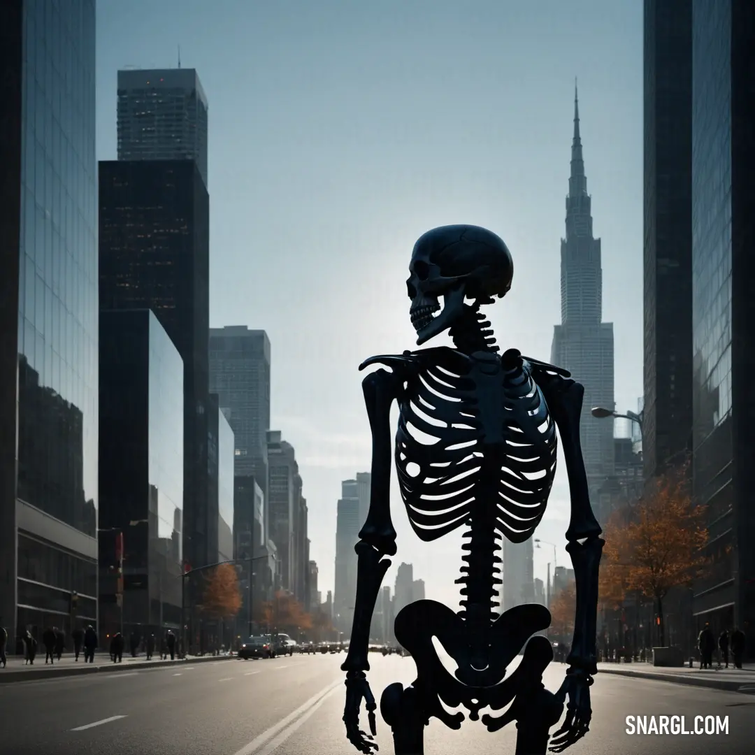 Skeleton is standing in the middle of a street in a city with tall buildings in the background and a Skeleton walking by