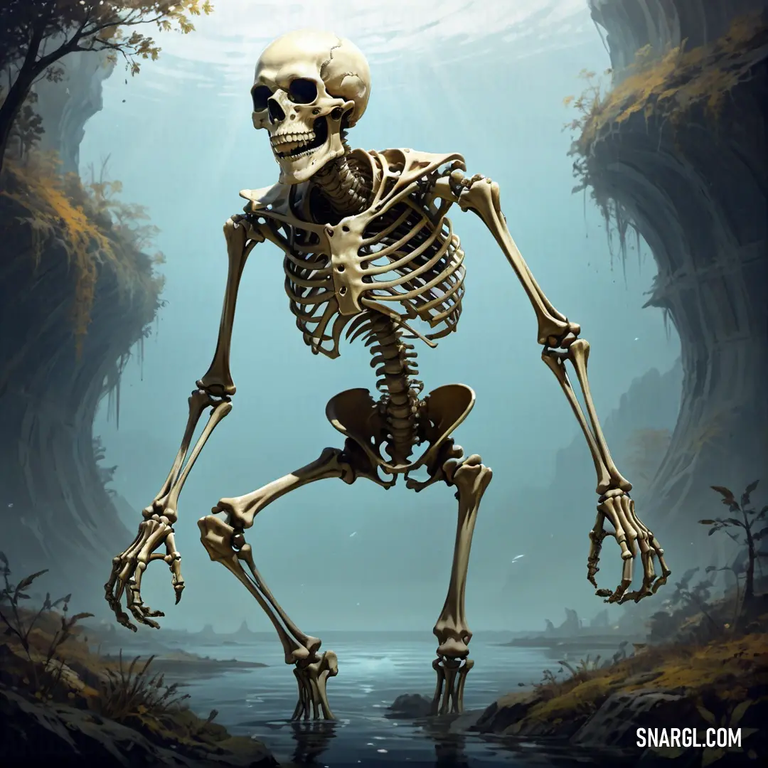 Skeleton is walking through a forest with a stream in the foreground and a waterfall in the background