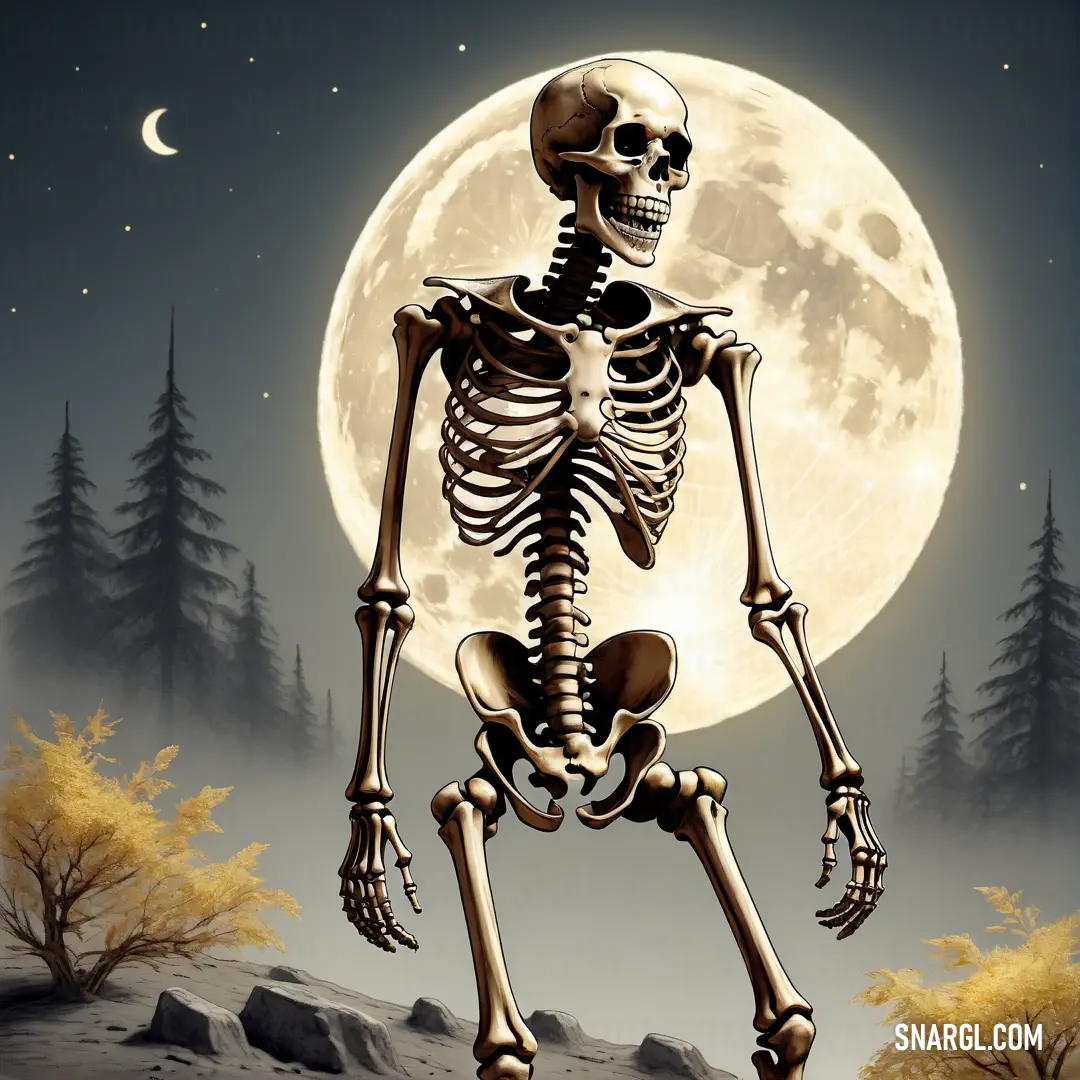 Skeleton is walking in front of a full moon with trees in the background