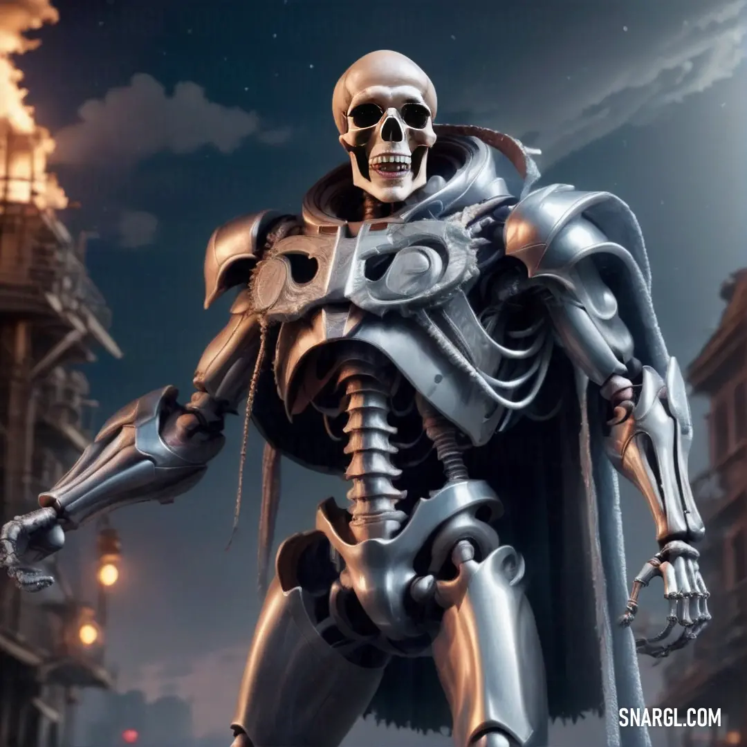 Skeleton like Skeleton with a large metal arm and a large metal helmet on his head and arms