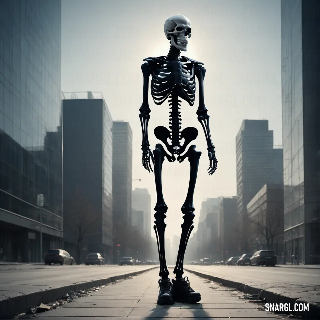 Skeleton standing in the middle of a street in a city with tall buildings in the background