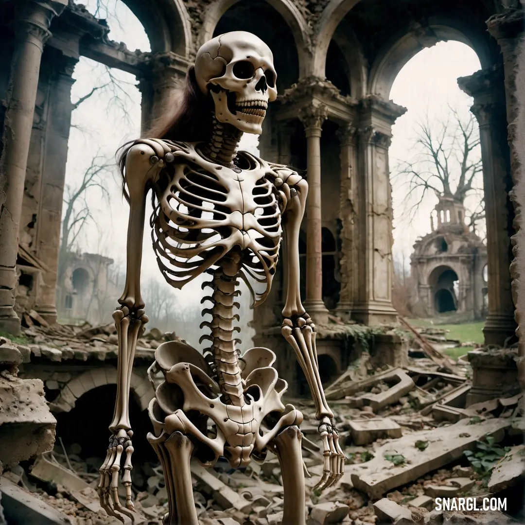 Skeleton standing in a ruined building with a broken window in the background