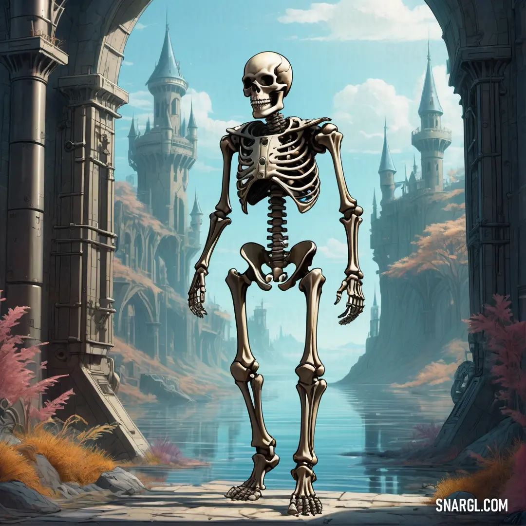 Skeleton standing in front of a castle entrance with a castle in the background and a lake in the foreground