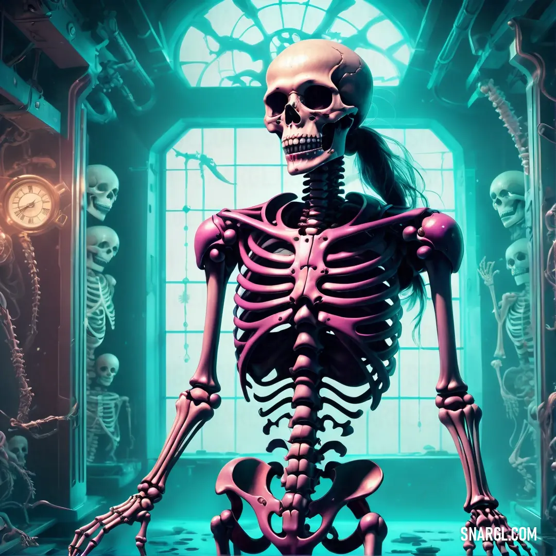 Skeleton standing in a room with a window and a clock in the background with a green light behind it