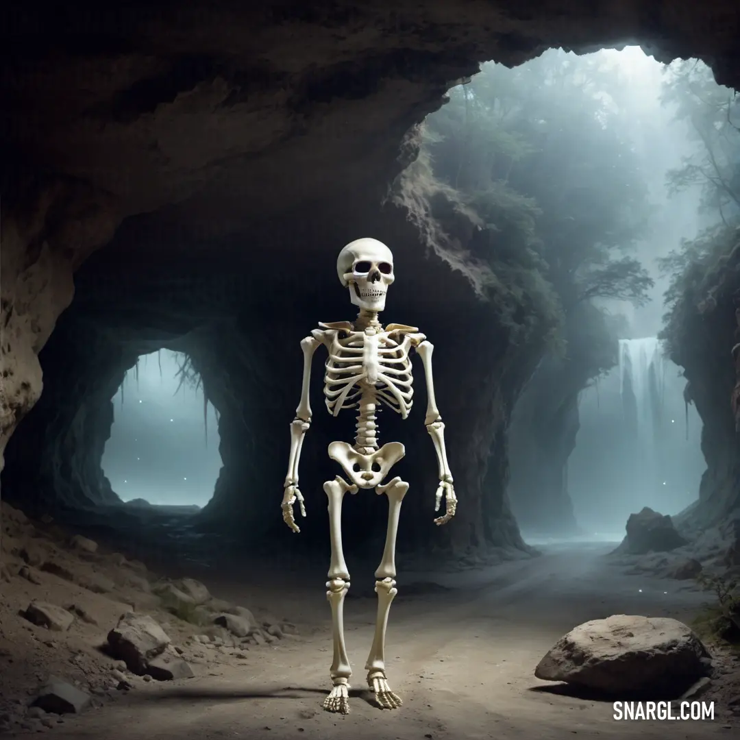 Skeleton standing in a cave with a light coming from it's mouth and a cave entrance behind it