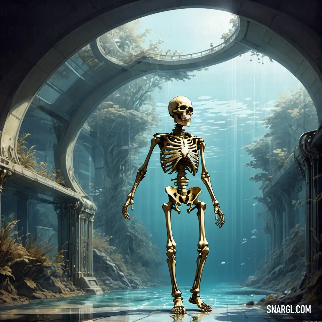 Skeleton standing in a tunnel with a fish tank in the background