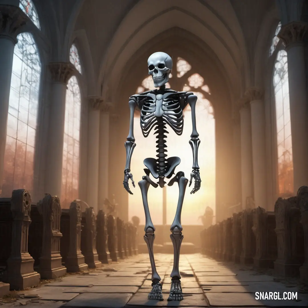 Skeleton standing in a large hall with a window in the background and a light coming through the window