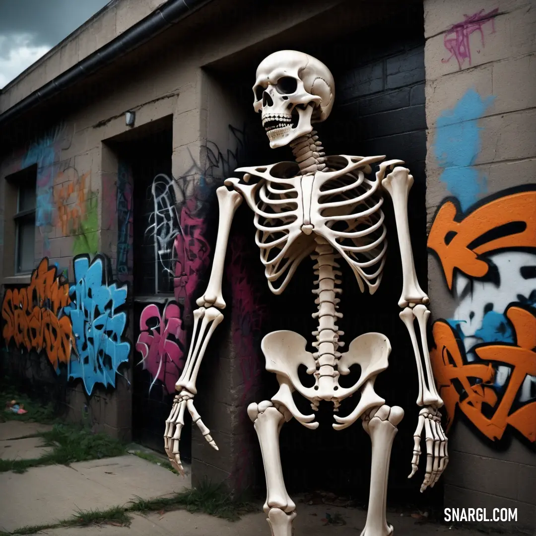 Skeleton statue is standing in front of a wall with graffiti on it's side and a building