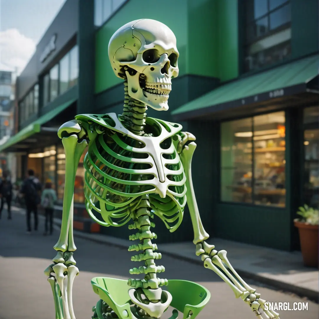 Skeleton statue is standing on a city street with a green planter in the foreground and a storefront in the background