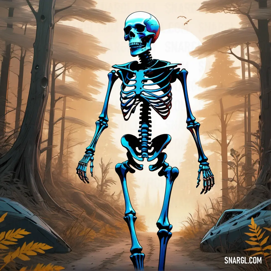 Skeleton walking down a dirt road in a forest with trees and bushes in the background