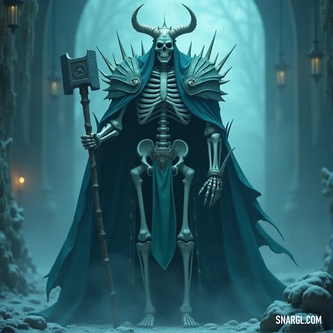 A skeletal figure with a horned head, gripping a sceptre, stands ominously, ready to command the forces of the underworld. The skeletal face glows with an unsettling light.