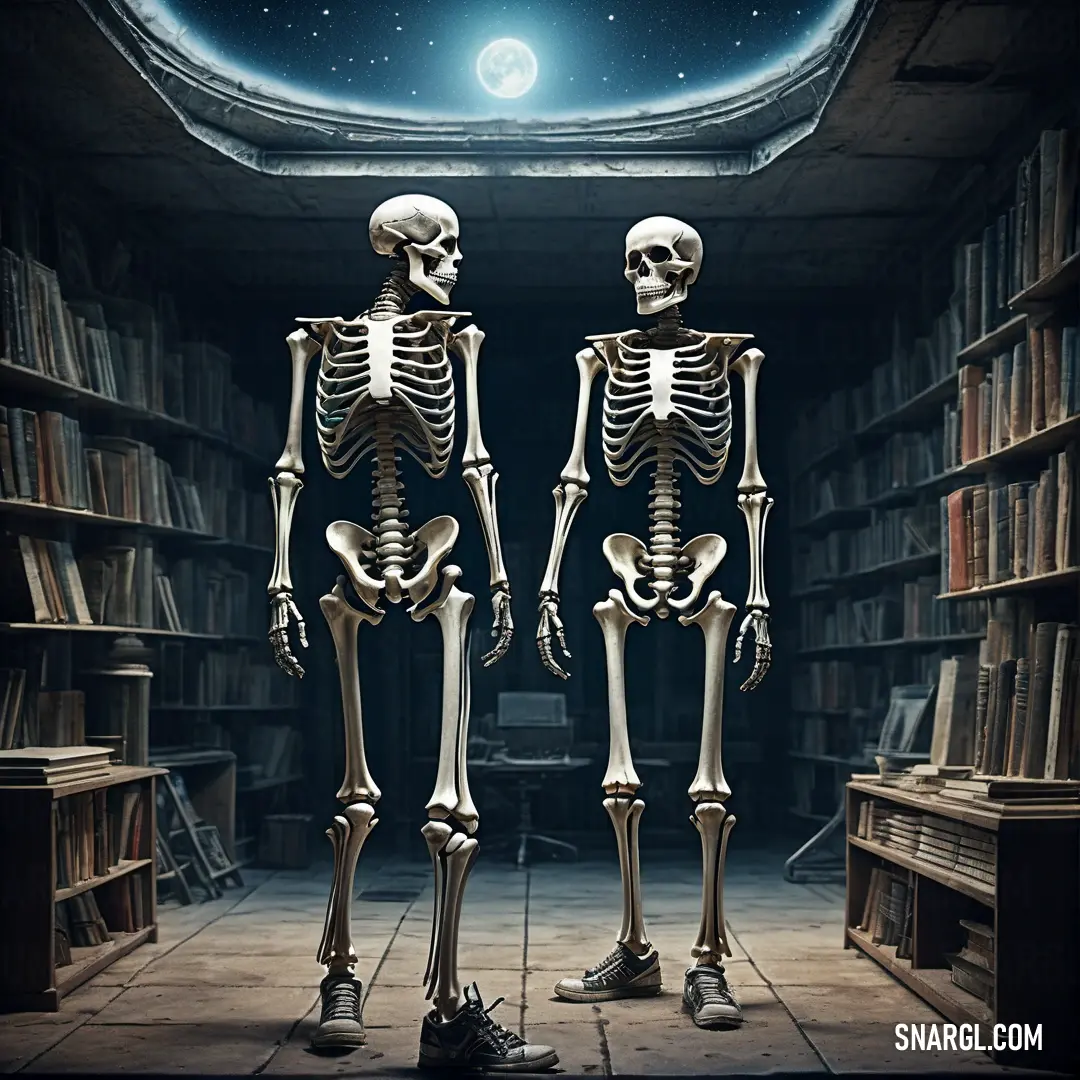 Two skeletons standing in a library with bookshelves full of books