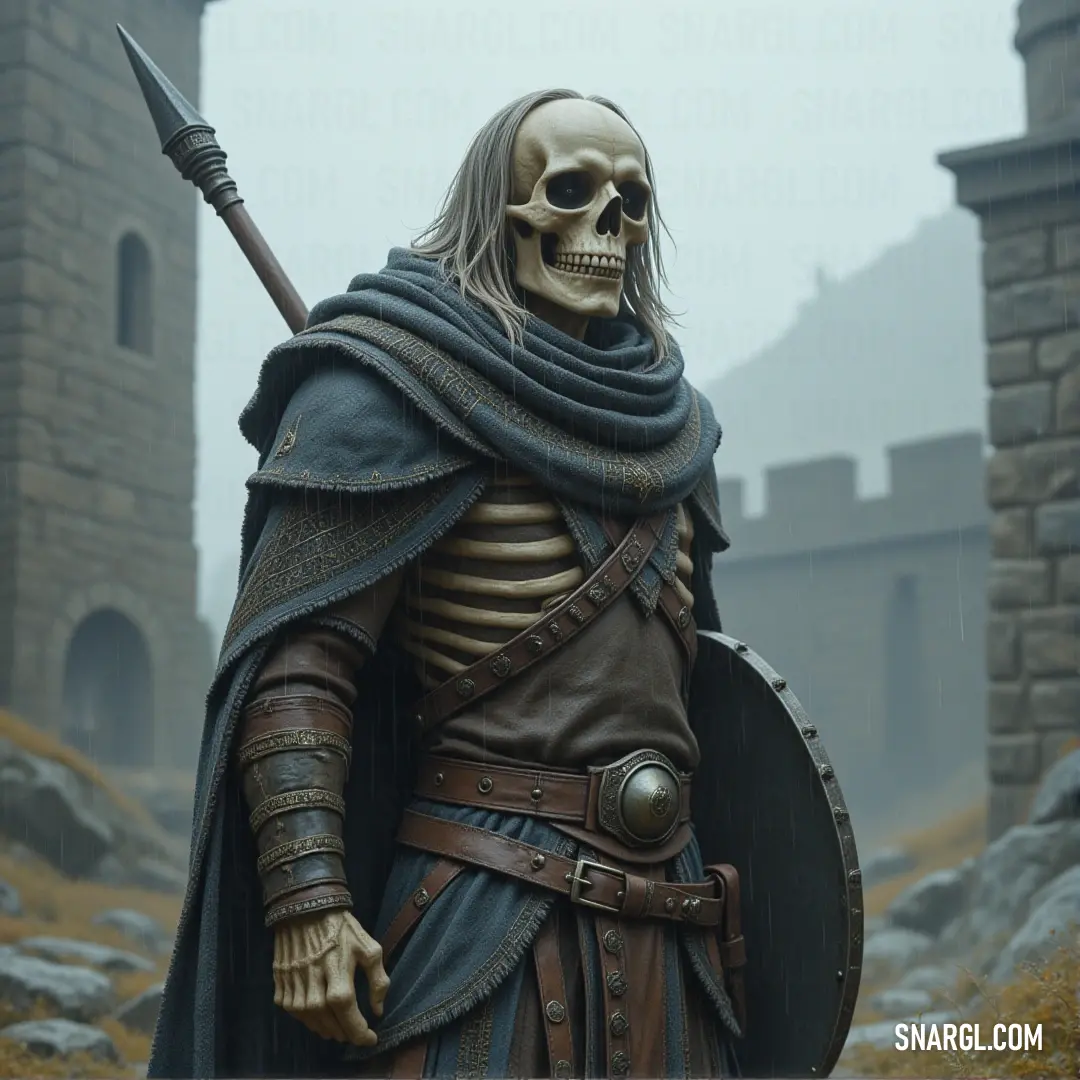 A towering Skeletron in gleaming armor stands before an ancient castle, holding a sword, with the fog-filled sky creating an ominous atmosphere.