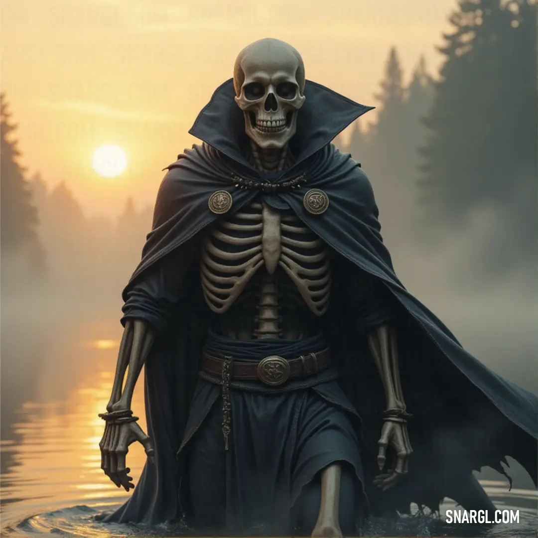 A Skeletron, cloaked and armed with a knife, stands in the water at sunset, with the darkening sky adding to his ominous presence. A lone Skeletron stands in the water at sunset, his hooded cloak billowing as he holds a knife in one hand. The fading sunlight casts long shadows, creating a dramatic contrast between light and darkness around him.