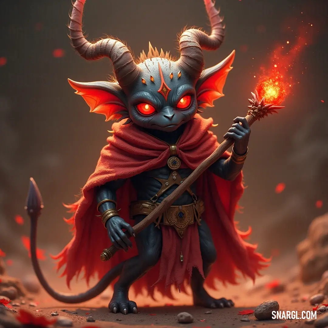 Vibrant Skimp in a red cape, brandishing a fire stick with glowing eyes, depicting an aura of dynamic energy and strength in a natural setting. A striking Skimp adorned with shimmering horns and an eye-catching red cape, stands firmly on its ground, clutching a fire stick in its hand, radiating fierce energy and a flair for the dramatic amidst the wilderness.