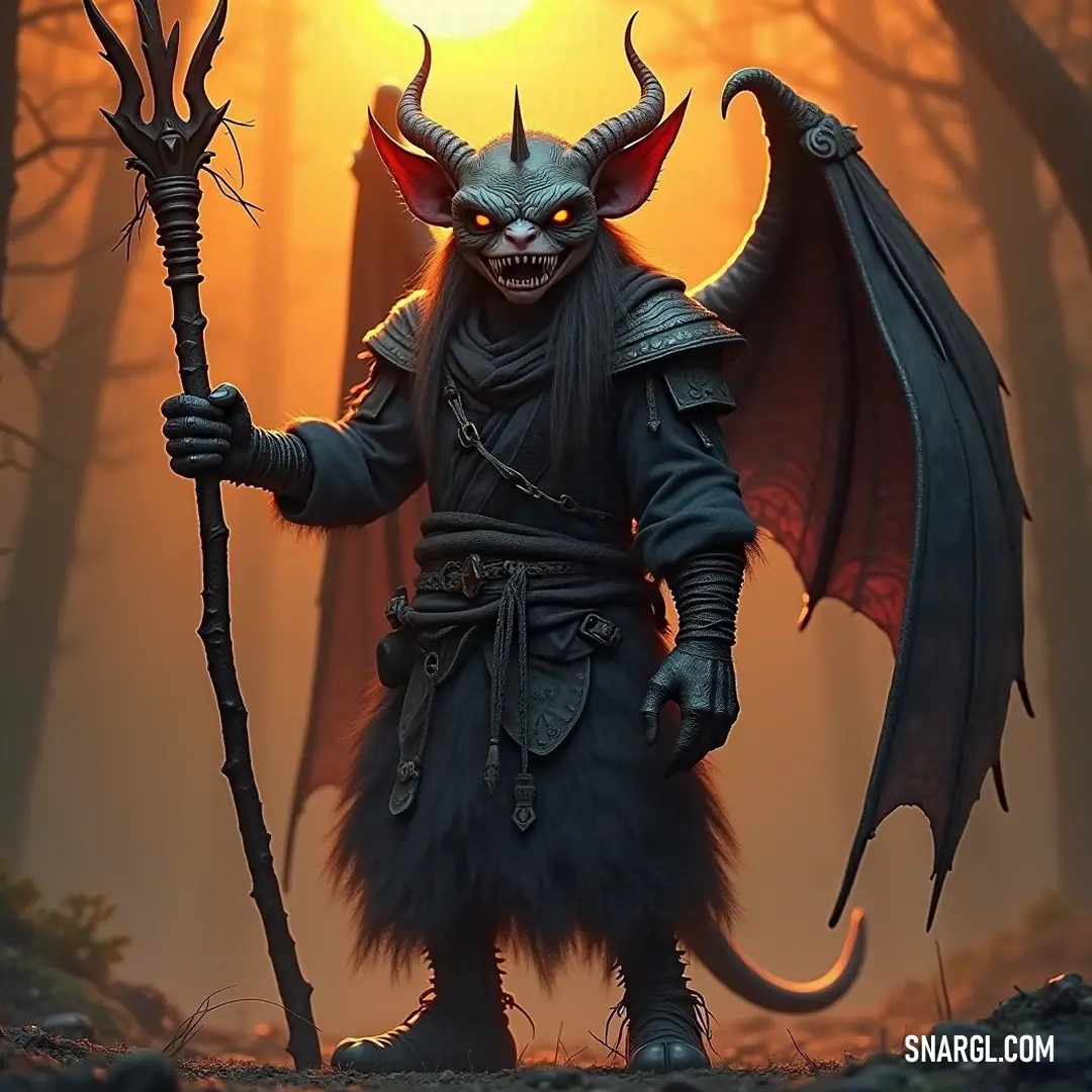 A formidable demon towers in the golden twilight of the forest, with a staff glowing fiercely, reminiscent of a guardian amidst a realm where magic and shadows interlace. A fearsome demon wielding a powerful staff stands proudly in a sun-drenched forest, its glowing presence blending with the falling sun, as a similar skimp with horns lurks nearby in the shadows.