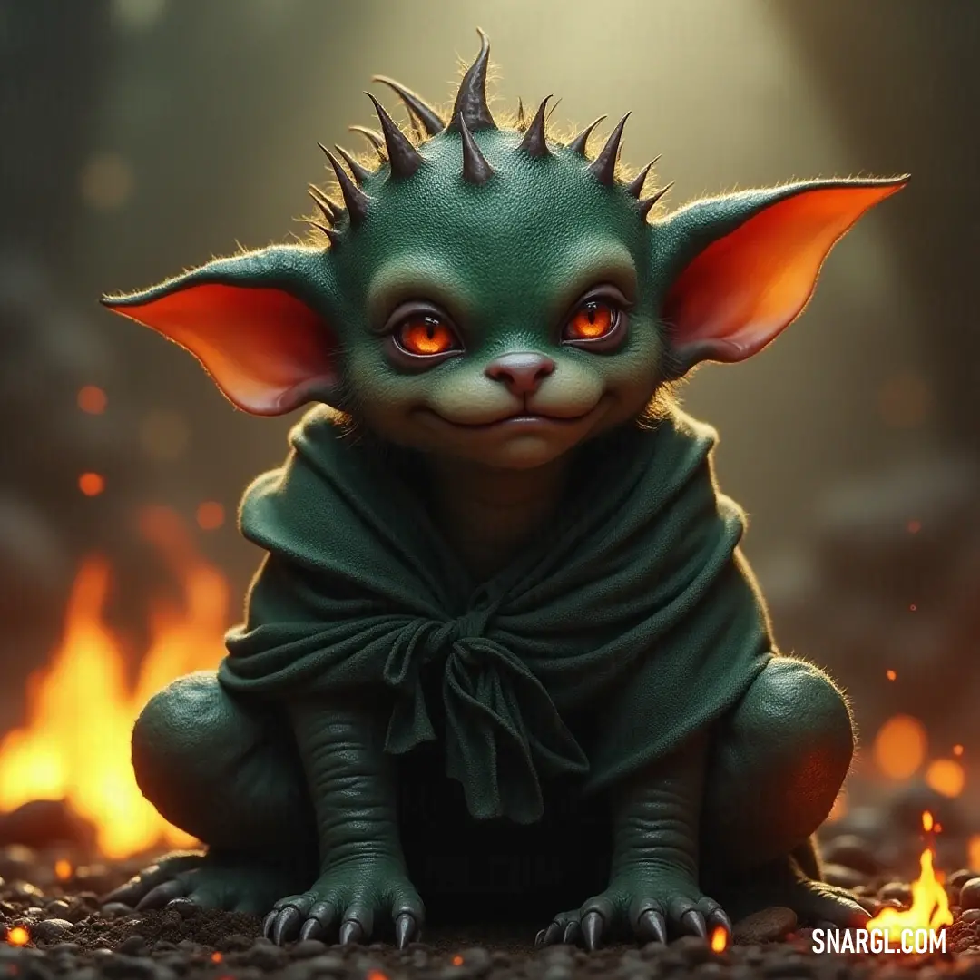 A green-skinned creature with radiant orange eyes perched on a rocky ledge, enveloped by the warmth of a roaring fire pit, casting an enchanting glow amidst the flickering flames.