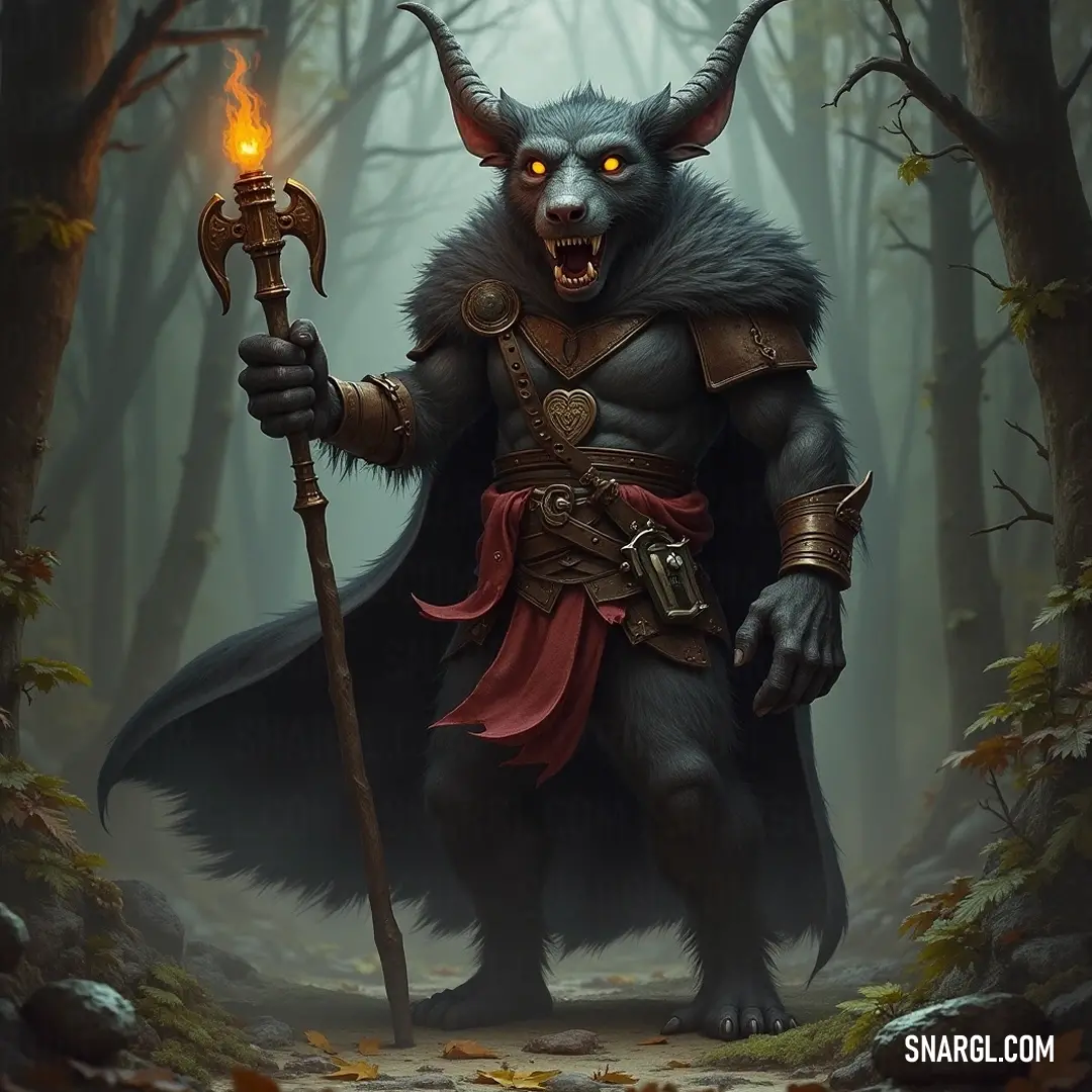 A mystical skimp brandishes a glowing staff in an enchanted forest illuminated by its magical eye. A mystical skimp, adorned with intricate features, holds a shimmering staff as it stands confidently within a dense, enchanted forest, a captivating glowing eye piercing through the shadows around it.