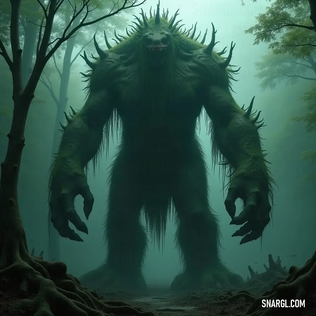 A mighty Giant Skinbark stands confidently amidst a vibrant forest filled with diverse trees and flourishing bushes, demonstrating its strength and connection to the wild.