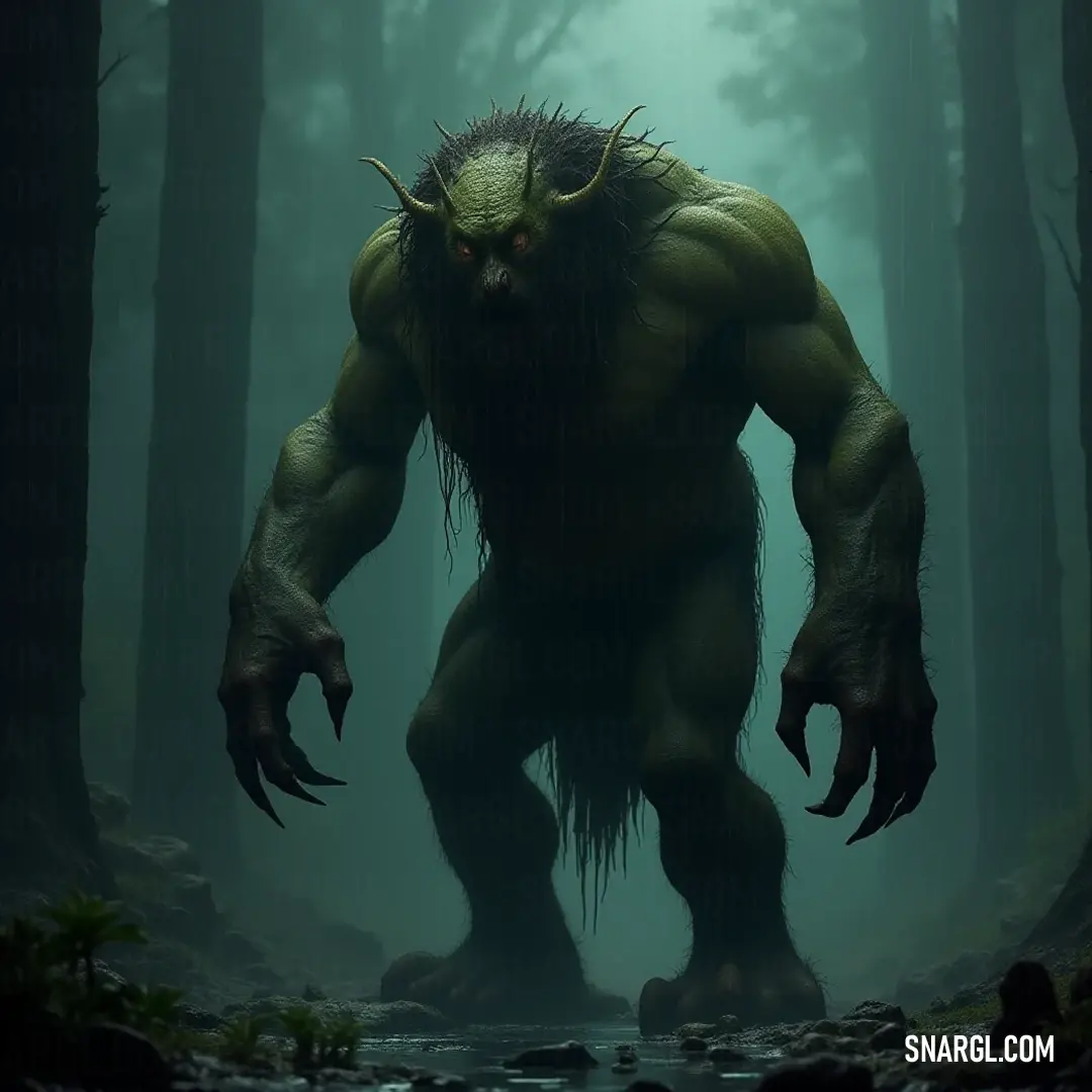 Majestic Giant Skinbark in a Lush Forest Setting A majestic Giant Skinbark with flowing hair and impressive horns stands tall in a lush forest, surrounded by ancient rocks and towering trees, evoking a sense of mystery and enchantment.