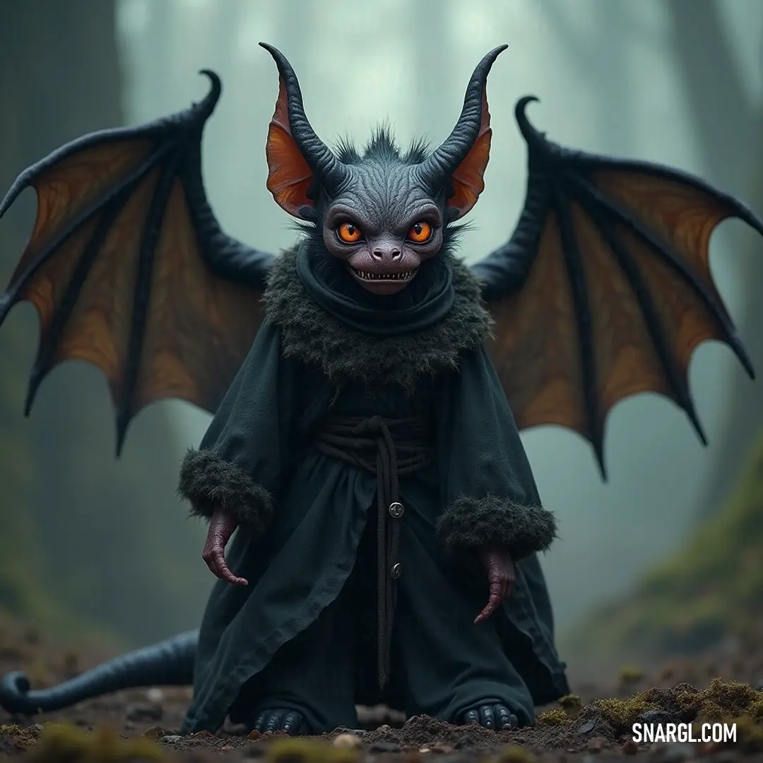 A small Skitter with orange eyes, cloaked in shadows and mystery. A small, mysterious Skitter with vibrant orange eyes peeks out from beneath its hood, its wings ready for flight, a figure of intrigue shrouded in darkness and curiosity.
