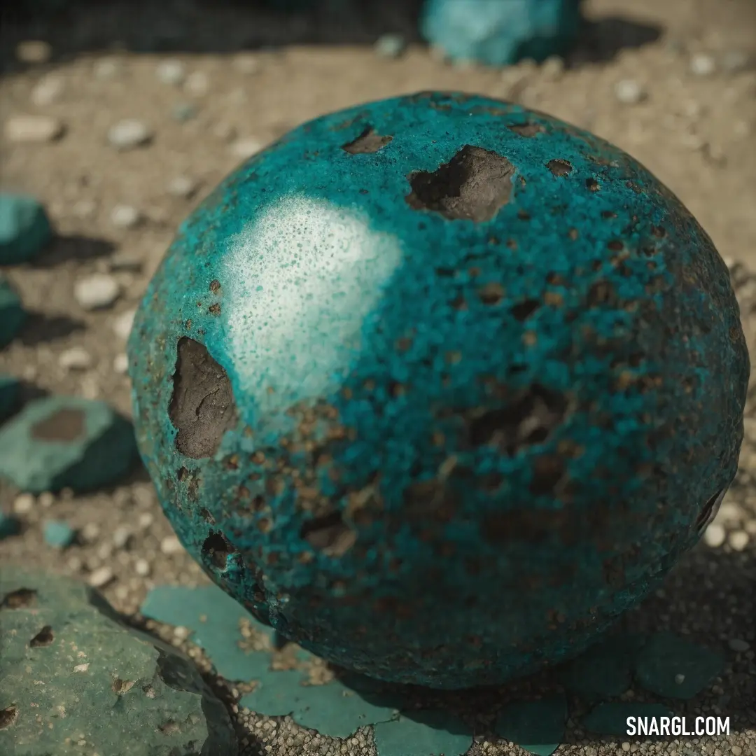 Blue ball on top of a dirt ground next to rocks and gravel covered ground with holes in it