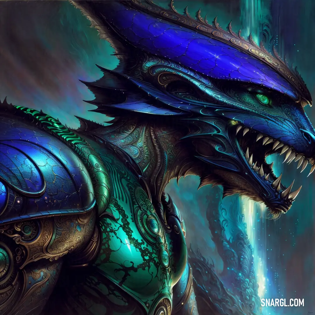 Blue dragon with a large mouth and a green body with a blue tail and a black head with a green. Example of RGB 0,116,116 color.