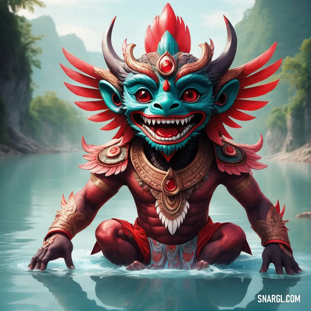 Demon with red hair and a blue face in the water with his hands in his pockets and his eyes closed. Color #007474.