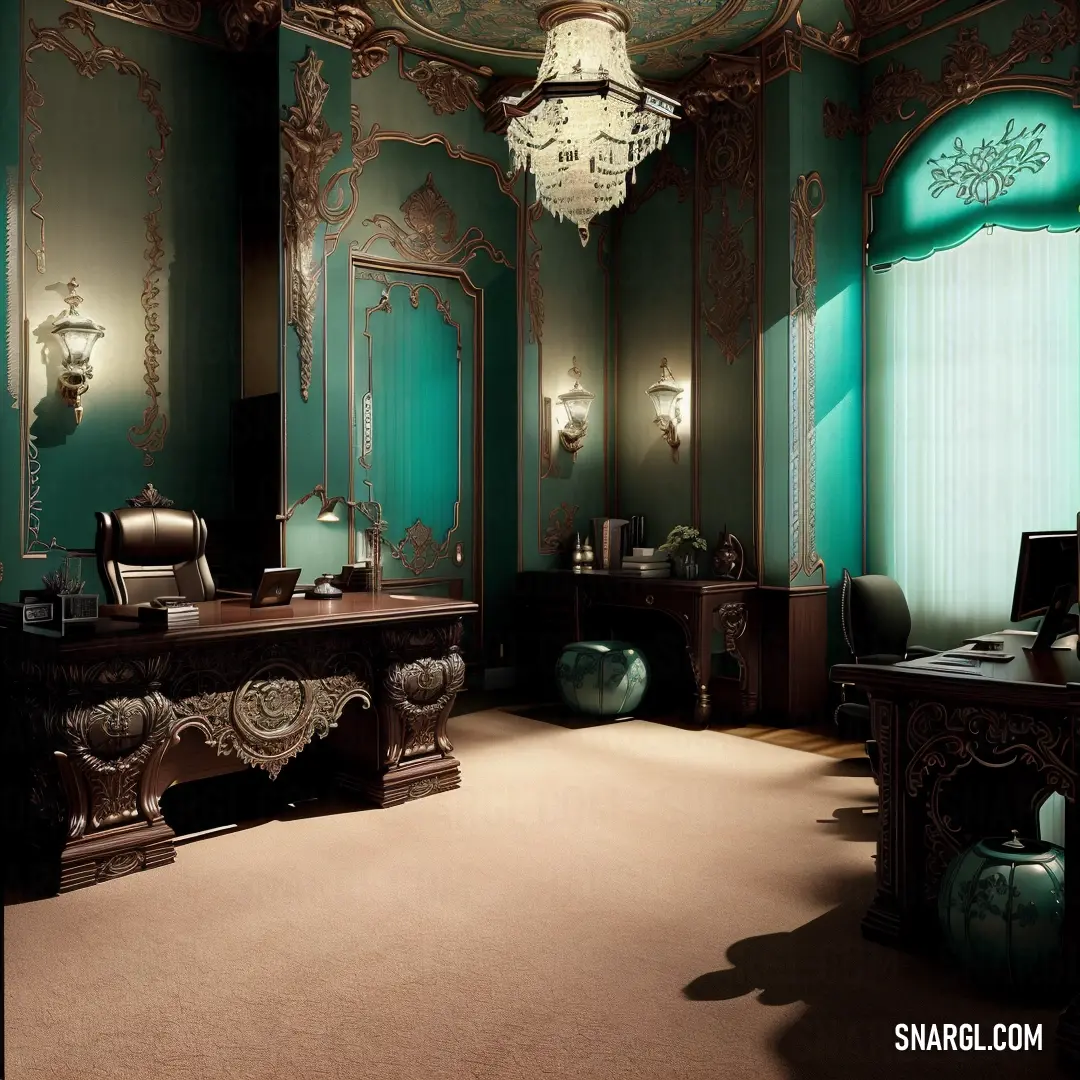 Fancy green room with a chandelier and a desk in the middle of the room with a chair
