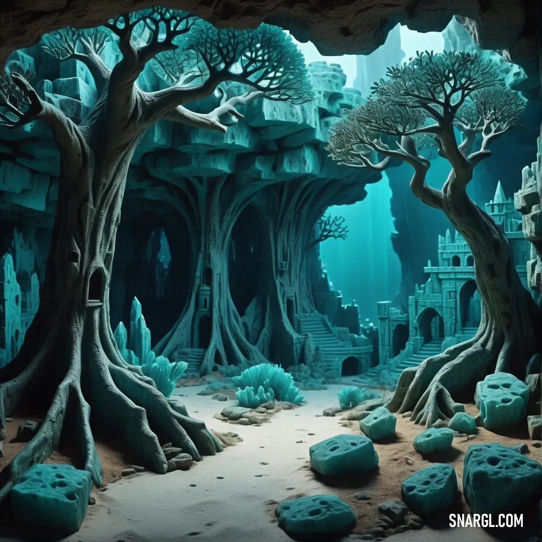 Fantasy scene with a tree and a castle in the background with blue water and rocks and rocks on the ground. Color Skobeloff.