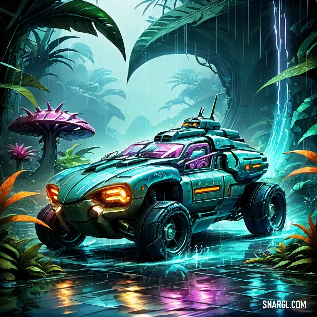 Futuristic vehicle driving through a jungle with trees and plants in the background and a waterfall in the foreground