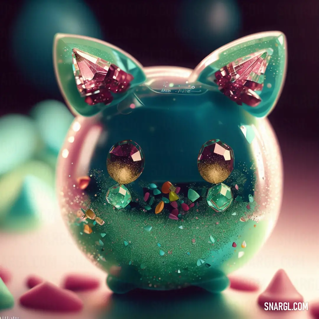 Green and pink cat with a big nose and ears on it's head and eyes are surrounded by small pink and green balls