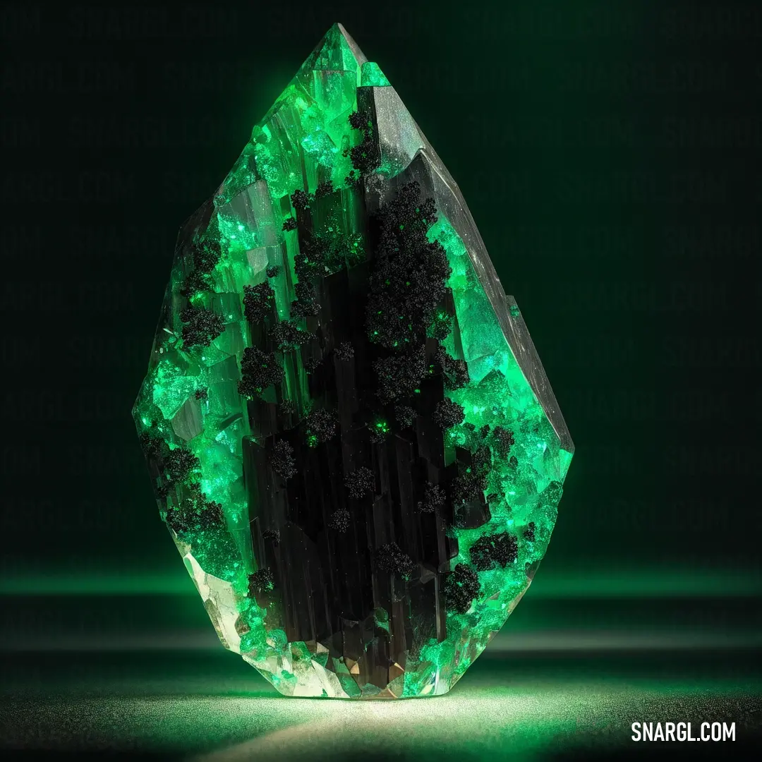 Green crystal with black crystals on it's side and a green light behind it on a dark background