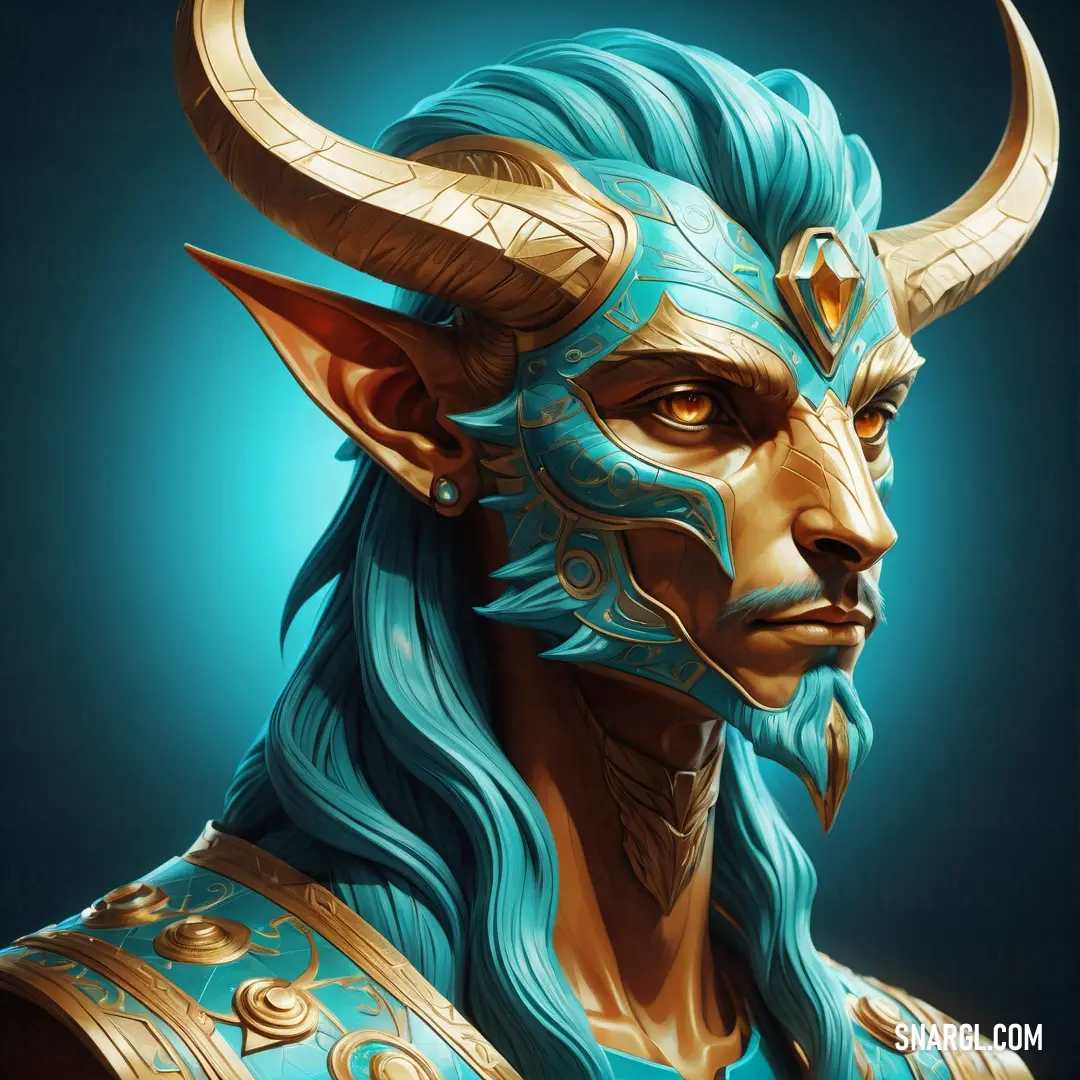 Blue and gold colored character with horns and horns on his head. Example of RGB 0,116,116 color.