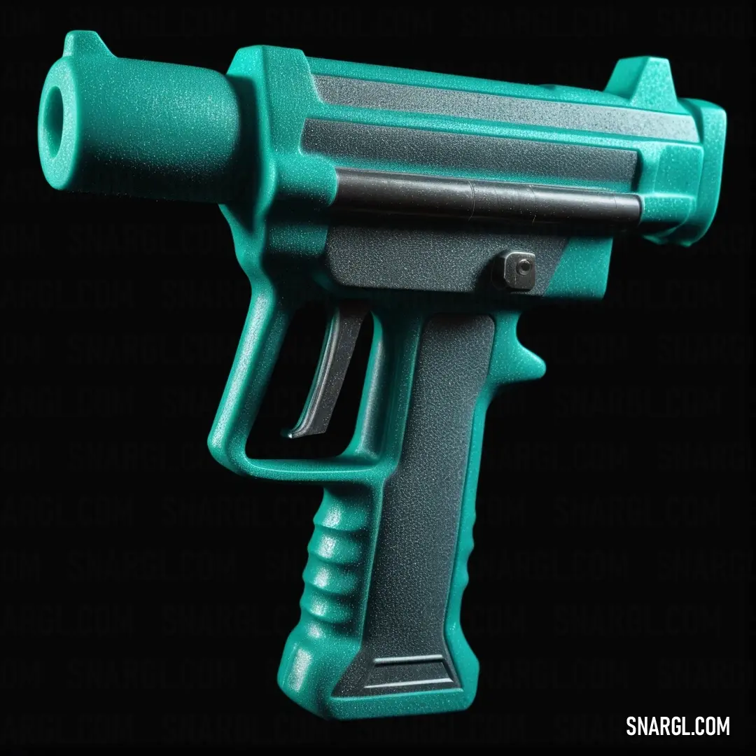 Green toy gun with a black background. Example of #007474 color.