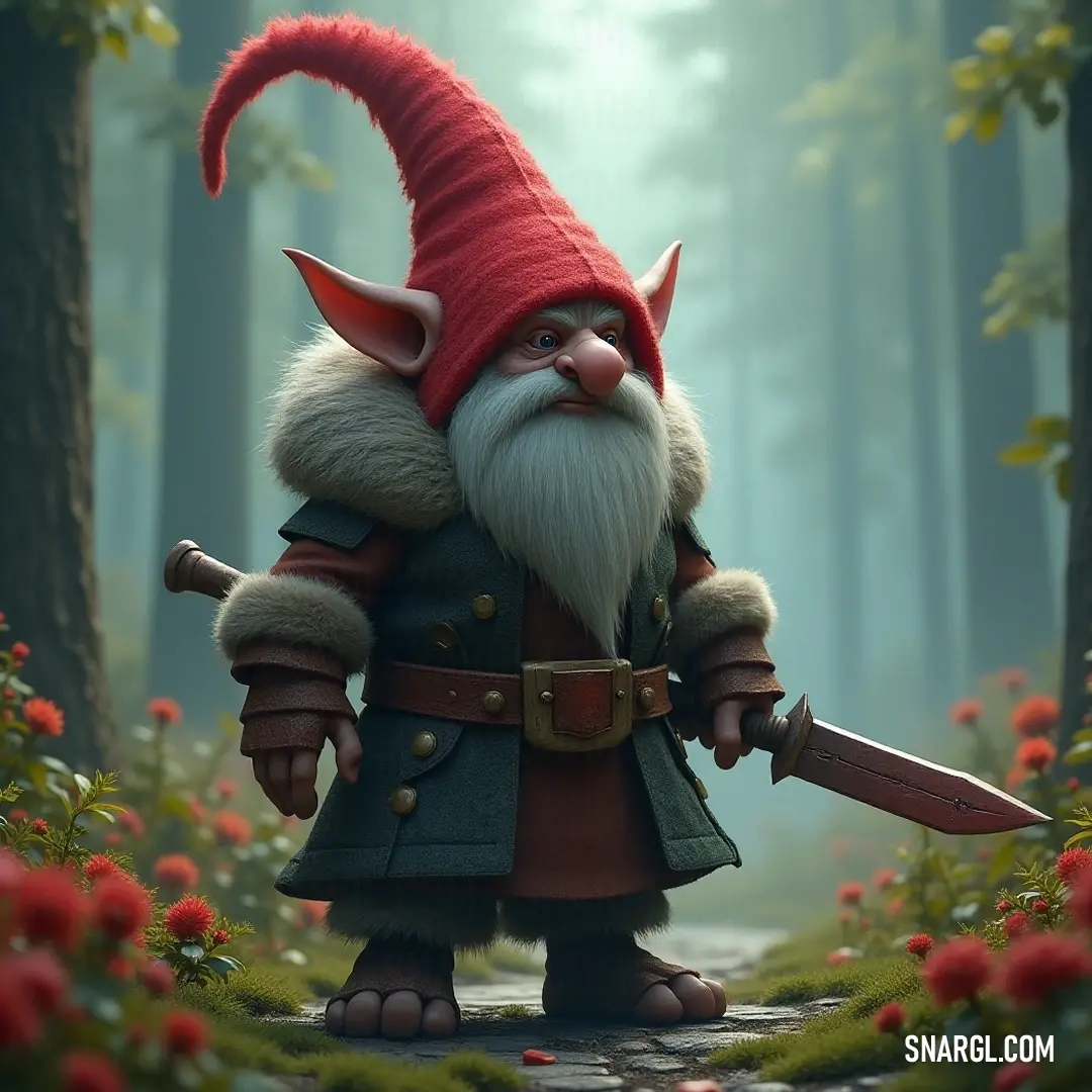 Skogstomten stands brave and bold in a lush forest, safeguarding the beauty of nature with his trusty sword and vibrant presence. In a picturesque woodland, Skogstomten, cloaked in a vibrant red hat, wields a sword amidst blooming flowers and towering trees, embodying the spirit of nature's fierce guardianship.
