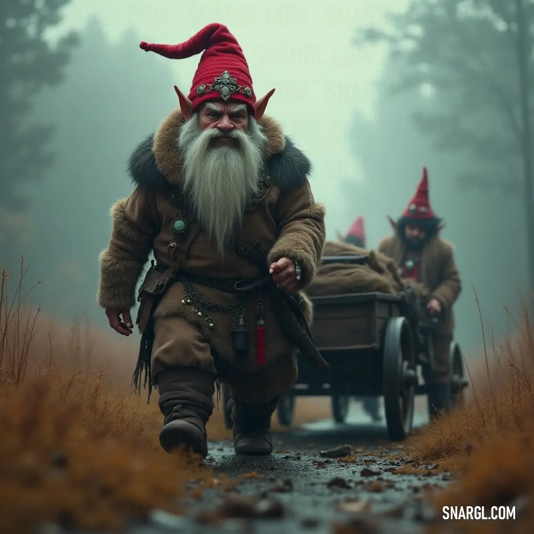 A charming depiction of Skogstomten, a whimsical gnome, dressed in a traditional red hat, strolling down a path, accompanied by another gnome and their wagon, immersed in nature's beauty.