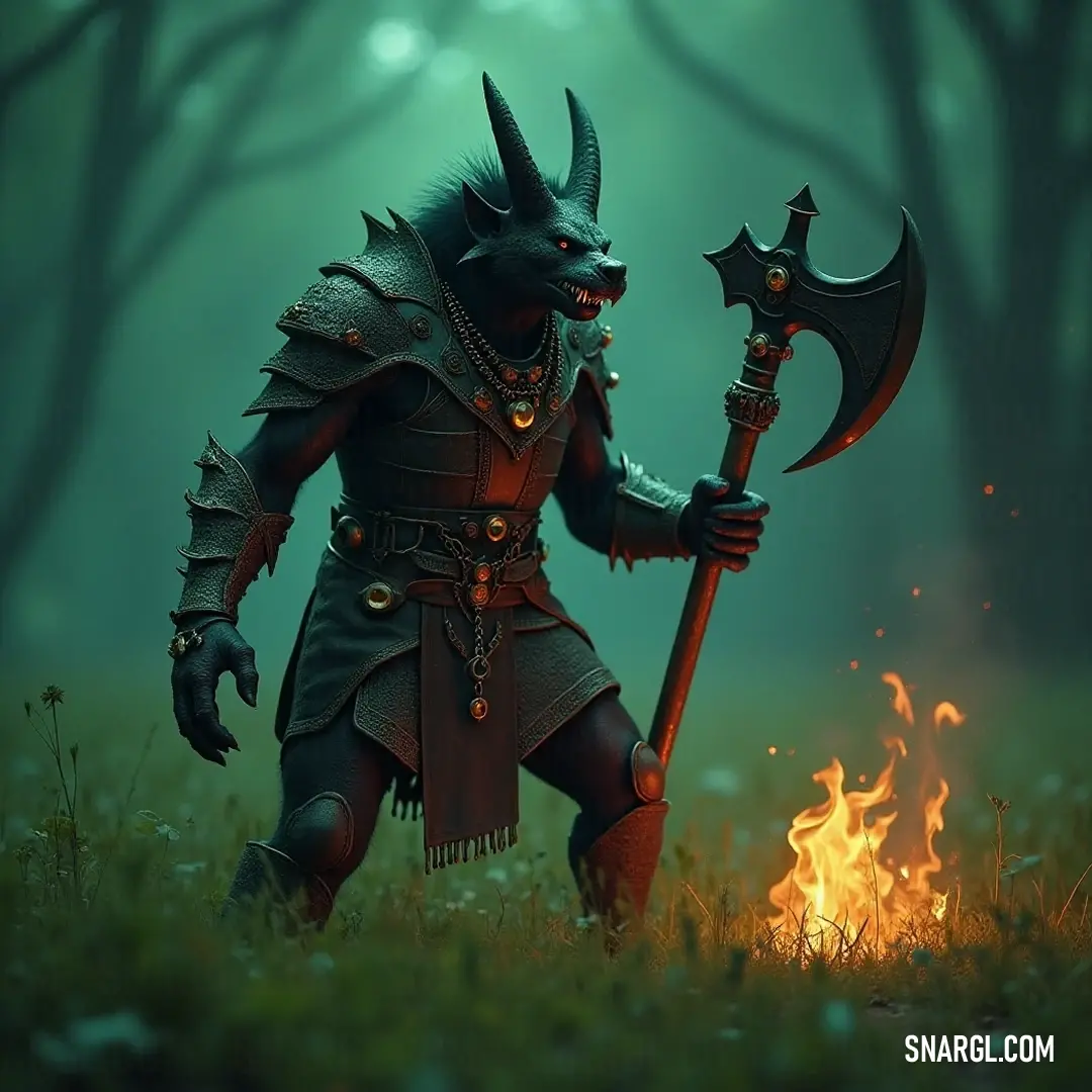 Formidable figure gripping an enormous axe, silhouetted against vibrant flames in a shadowy forest, embodying strength and ferocity. An imposing characterization of Skol wielding a massive axe, set against a backdrop of roaring flames in a dark forest, symbolizing the clash between power and chaos.